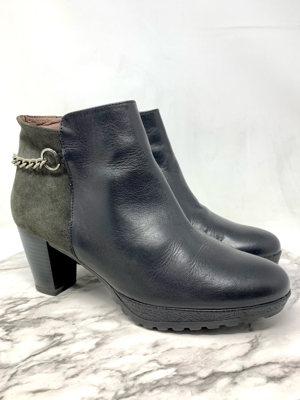 Women’s Black Leather & Olive Ankle Boots with Chain Detail 38 Platform Classic
